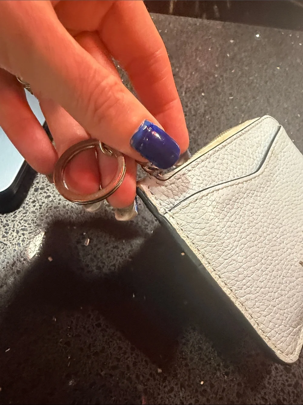 kate spade grayish blue Pebbled Leather Zip Cardholder with Gold Keyring